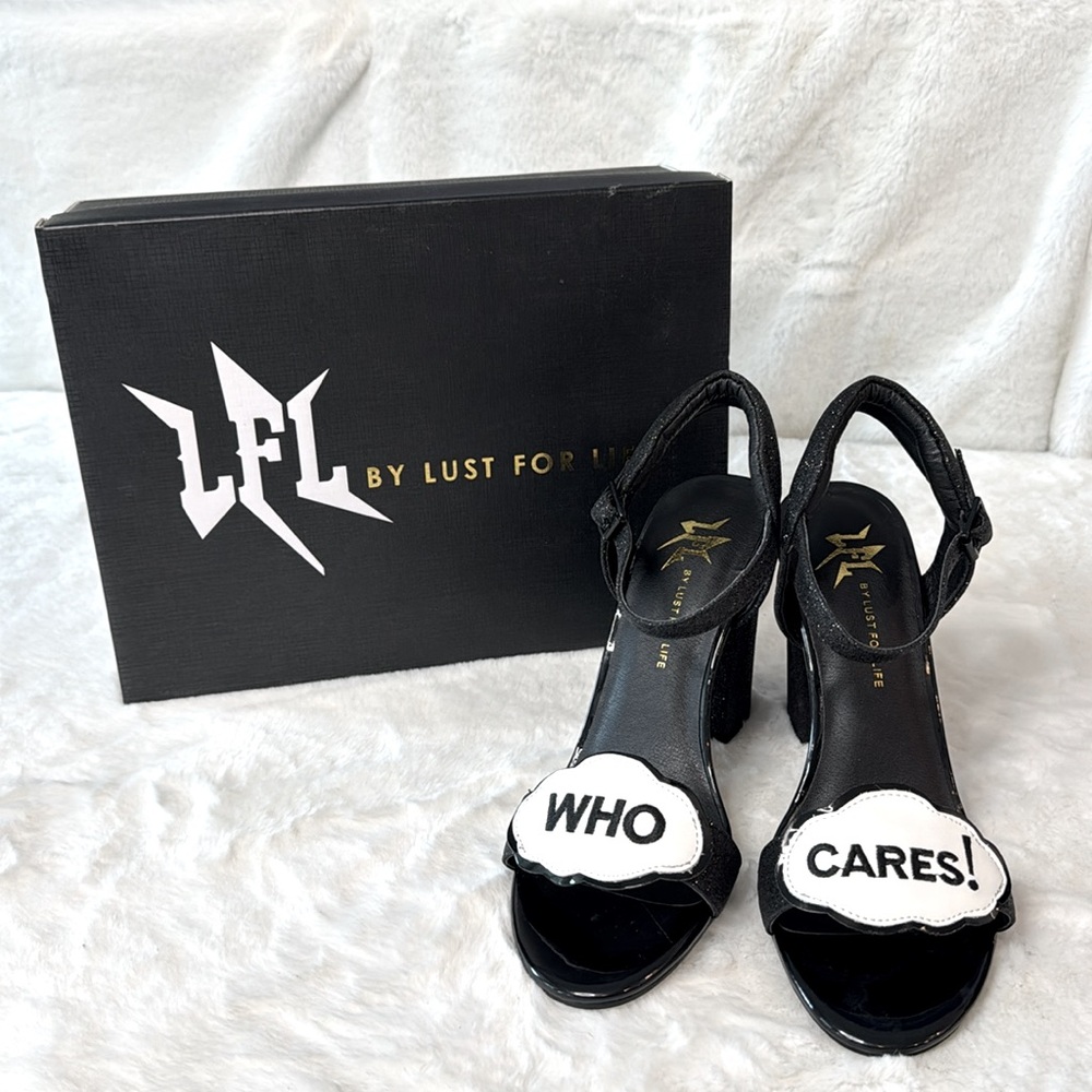 LFL by Lust For Life Black Sparkle Chunky Heeled Sandals, ‘Who Cares’, NIB